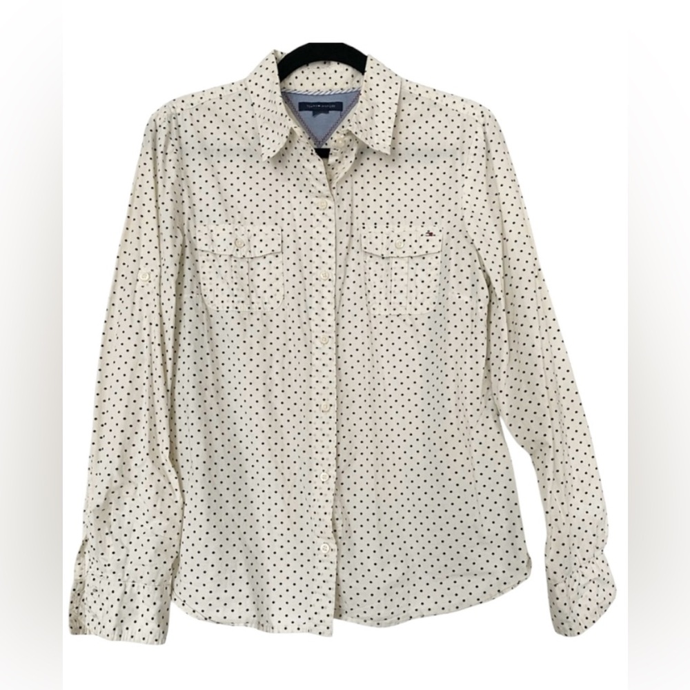 Tommy Hilfiger Off White Collared Long Sleeve Polka Dot Button Down Top